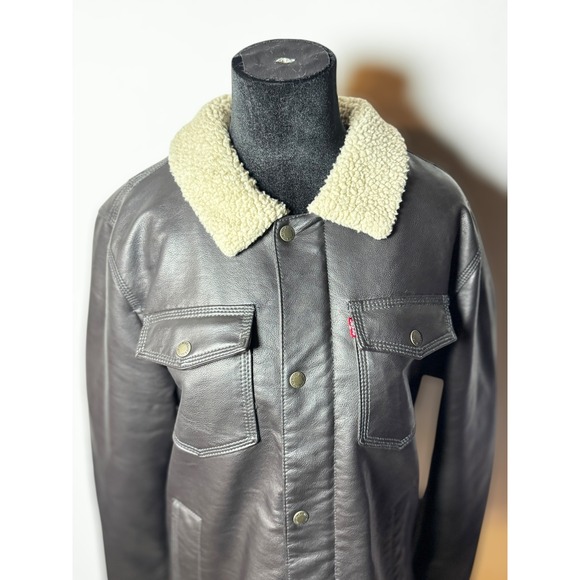 Levi Strauss Co Mens Faux Leather Sherpa Lined Trucker Jacket Dark Brown Size M - Picture 3 of 16